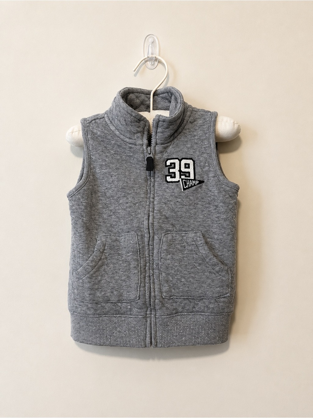 Carter's Grey Quilted Sleeveless Zip-Up Vest with '39 Champ' Patch
